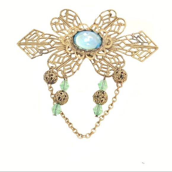 Vintage Victorian Edwardian filagree pin blue opalescent center stone gold wash - Picture 6 of 7